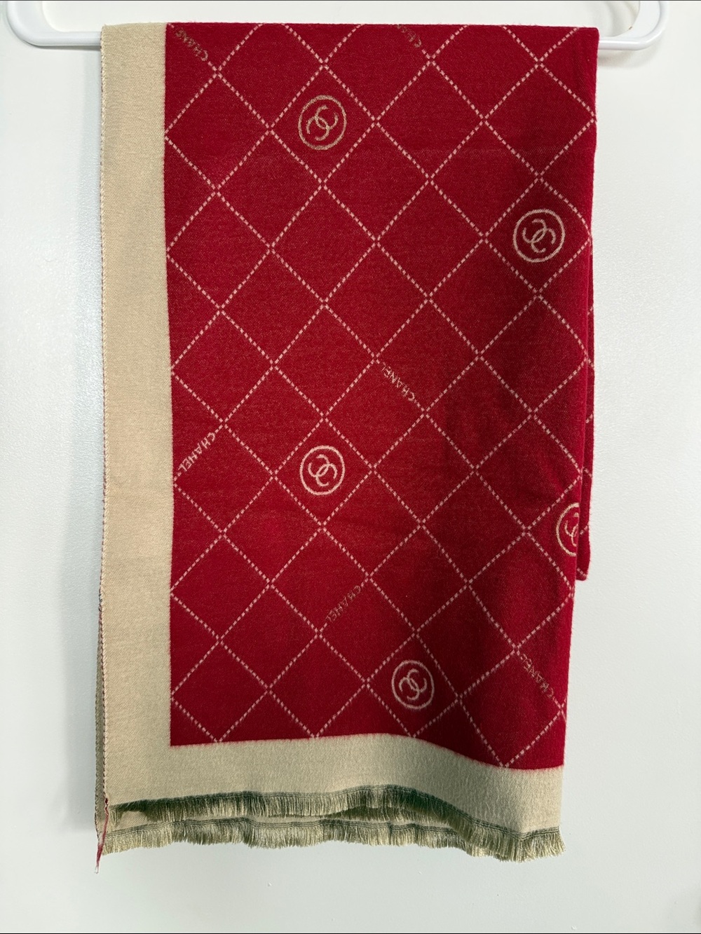 FASHION SCARF  Red and Cream Diamond-Logo Wool Blend Scarf
